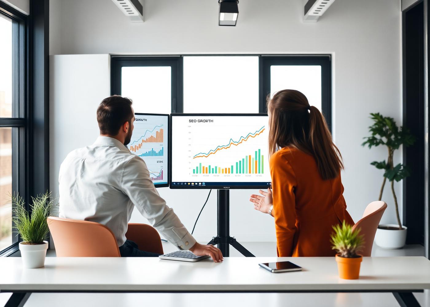 Marketing specialists reviewing search performance charts